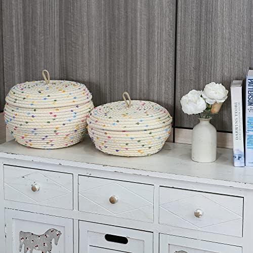 Sea Team Round Woven Cotton Rope Storage Basket with Lid, Rainbow | Decorative Colorful Pompom Knitted Storage Bin, Pot, Caddy, Organizer, Container for Snacks, Towels, Plants, 10 x 4.5 Inches