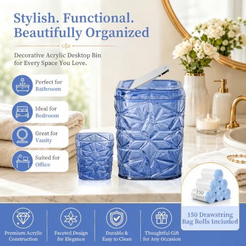 2-Piece Snowflake-Textured Acrylic Trash Can Set with 150 Drawstring Bags, 4 Gallon Sliver Press-Lid Wastebasket and Small Open-Top Desktop Bin for Bathroom, Bedroom, Office, Navy Blue