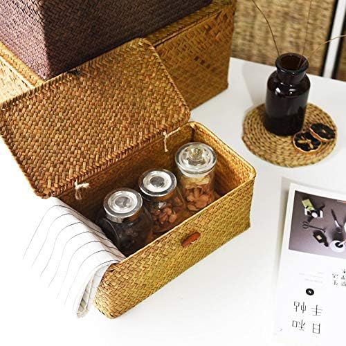 DOKOT Rectangular Handwoven Seagrass Small Storage Basket with Lid for Shelves and Home Organizer Bins,S (10.2"x5.5"x4.3"H), Natural
