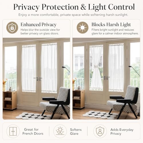 Aquazolax French Door Sheer Curtains Set of 2, Large 54x72 Inch Rod Pocket Sheer French/Patio Door Window Curtain with Tiebacks for Doors with Glass - Satin White