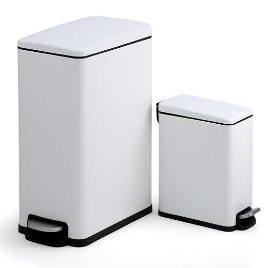 2 Slim Narrow Kitchen Trash Can with Lid, 10L+45L Stainless Steel Step Pedal Garbage Can, Soft Close & Stay Open Lid Design, Space Saving Trash Bin with Removable Inner Bucket for Kitchen, Bathroom