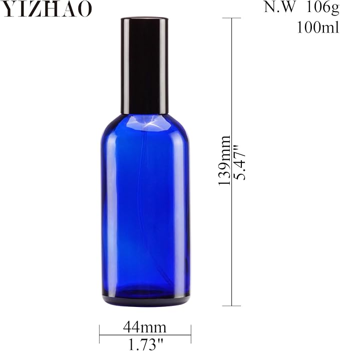 YIZHAO Blue Glass Spray Bottles 4oz, with Small Fine Mist Spray, Metal Cap, Refillable for Essential Oil,Travel,Cleaning,Perfume,Aromatherapy,Makeup – 9 Pcs