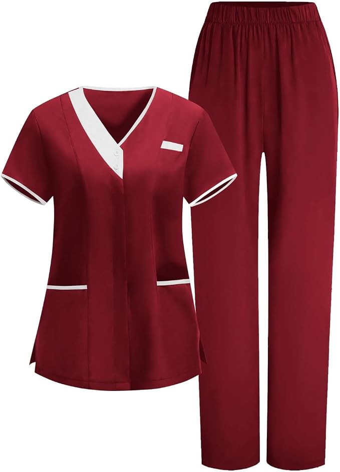 2026 Housekeeping Uniform Cleaning Uniforms - Button V Neck Top & Pants with Multi Pockets - Scrubs for Women