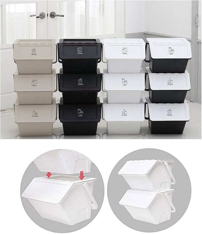 Daily Stackable Organizer Stores Recycling Bin Container with Lid, Handle, Recycle Sticker Trash Bin Label, Tools and Toys, Handy Recycler, 3 Pack of Bins White
