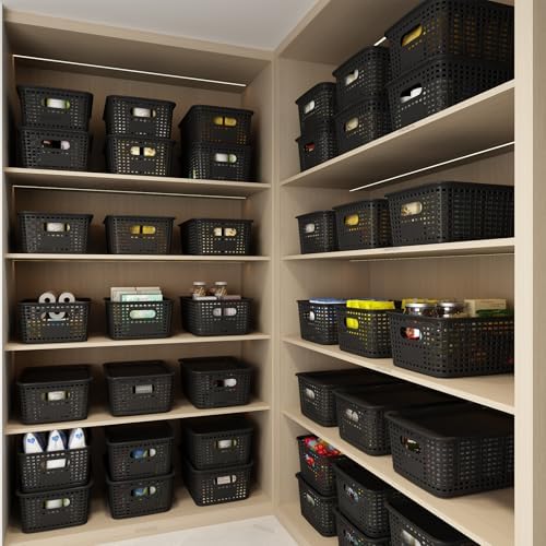 ORGIDOL Plastic Storage Basket with Lids 12 Pack Stackable Black Storage Bins Containers with Lid, Decorative Storage Boxes for Organizing Shelves, Drawers, Playroom, Classroom, Office, Closet