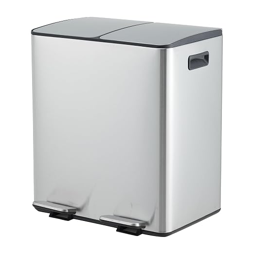 Dual Compartment Stainless Steel Kitchen Trash Can, 2 x 5.3 Gallon (20L) Removable Inner Buckets, Soft-Close Lid, Odor-Sealing, Foot Pedal, Rust-Proof & Space-Saving Waste Bin for Recycling