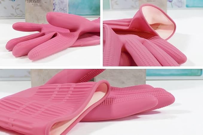Myungjin (2 Pairs Reusable Waterproof Household Dishwashing Non-Slip Cleaning Latex Rubber Kitchen Gloves (Pink, XX-Large)