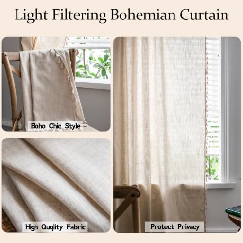 Sutuo Home Boho Linen Curtains for Bedroom Kitchen 59" W x 72" L,1 Panel | Light Filtering Natural Linen Look Textured Burlap Chic Bohemian Handmade Tassels Window Treatment for Living Room Rod Pocket