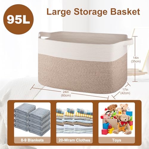 Extra Large Laundry Basket, 95L Blanket Basket for Living Room, Cotton Rope Toy Storage for Kids, Woven Baskets for Clothes, Towels, Pillows, 24" x 17" x 14", Brown and White