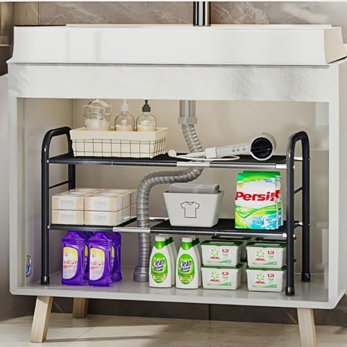 Expandable Under Sink Organizer with 10 Removable Panels, Adjustable Storage 2-Tier Shelf for Kitchen, Bathroom, Pantry,Multi-Purpose Expandable Cabinet Shelf Rack (19-35.5 Inch) (brown, Large)