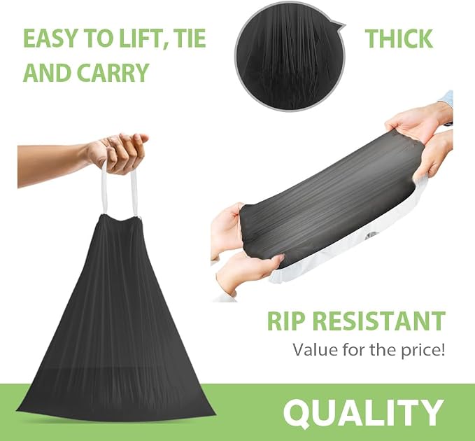 4 Gallon 312 Counts Strong Drawstring Trash Bags Garbage Bags by Teivio, Bathroom Trash Can Bin Liners, Small Plastic Bags for home office kitchen, Black