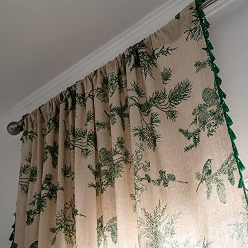 Sutuo Home Boho Curtain 84 Inches Length for Bedroom, Printed Cotton Linen Rod Pocket Semi Blackout Farmhouse Bohemian Tassels Window Treatment for Living Room, 1 Panel 59" W x 84" L, Green Forest
