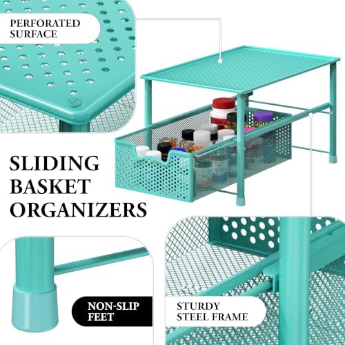 Simple Houseware Stackable Under Sink Sliding Basket Drawer, Turquoise | Perforated Free Standing Organizer, Kitchen/Pantry/Cabinet/Counter