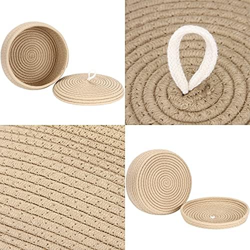 Sea Team Round Woven Cotton Rope Storage Basket with Lid, Khaki | Lidded Knitted Decorative Storage Bin, Pot, Caddy, Organizer, Container for Snacks, Towels, Plants, 10 x 4.5 Inches