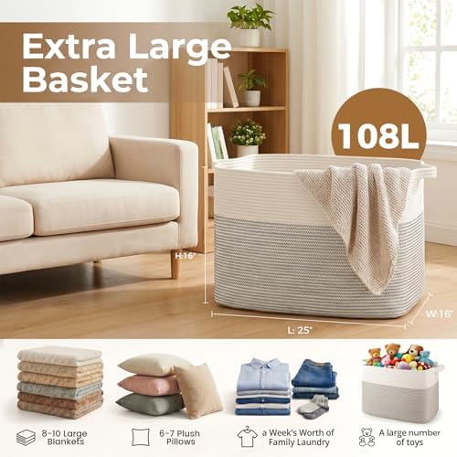 OIASKET 108L Cotton Rope Storage Basket for Living Room and Bedroom 25"x16"x16" Woven Laundry Basket, Heavy Duty Bin for Blankets, Pillows & Toys, Pet-Safe & Scratch-Free, Black and White