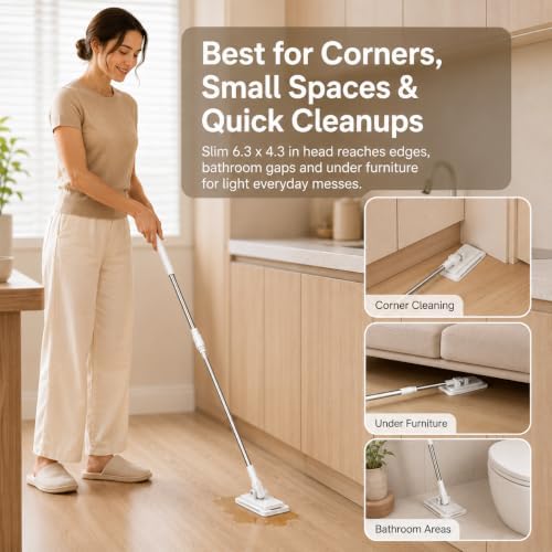 Hands Free Flat Mop with 5 Reusable Pads, One-Click Cloth Release, 53-Inch Extendable Stainless Steel Handle, Microfiber Mini Mop with Wall Holder for Hardwood, Tile, Bathroom, Kitchen and Glass