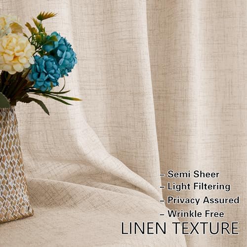 2 Pieces French Door Curtain Linen W35 x L72 Dual Rod Pocket Privacy | Semi Sheer Light Filtering Curtains, for Kitchen Dining Room, French Door, with Tieback, Light Coffee, Farmhouse Rustic