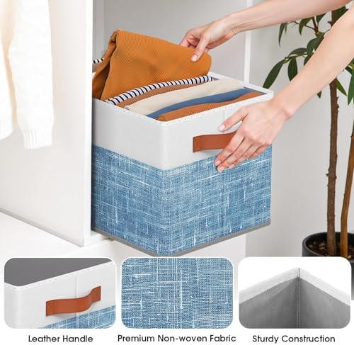 Fab totes Collapsible Storage Baskets for Shelves,14"x10", 8 Pack Foldable Fabric Storage Bins with Double Leather Handles, Large Baskets for Organizing Books, Clothes, White & Blue