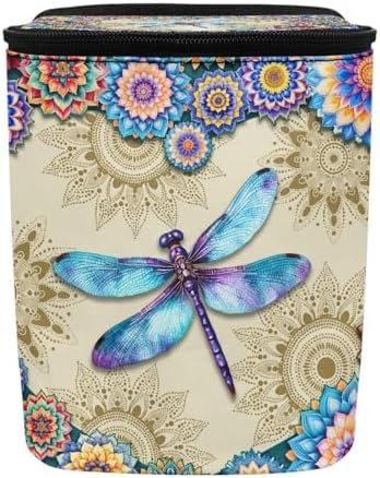 Vibrant Boho Mandala Dragonfly Print Car Trash Can with Lid and Zipper Portable Foldable Garbage Can Hanging for Headrest Leakproof Organizer and Storage Bag Car Accessories