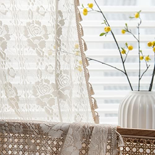Sutuo Home Beige Boho Curtains for Living Room Bedroom,Bohemian Crochet Florals Embroidery Sheer Lace Handmade Tassels Vintage Rustic Window Treatment Country Drape Rod Pocket 1 Panel 59" W x 96" L