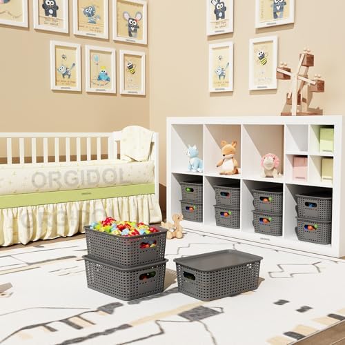 ORGIDOL Plastic Storage Basket with Lids 10 Pack Stackable Storage Bins Containers with Lid, Decorative Storage Boxes for Organizing Shelves, Drawers, Playroom, Classroom, Office, Closet, Grey