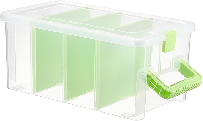 BTSKY Clear Plastic Dividing Storage Box with 4 Deep Compartment Sewing Box | 13.9x7.9x6.2 Inches Adjustable Storage Bin with Lid Portable Craft Container Multipurpose Art Supply Organizer Green