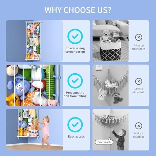 Stuffed Animal Storage Shelf Organizer(Patented) - Corner Stuffed Animal Holder Length Adjustable - Wall Plush Storage for Nursery Playroom Bedroom Kids Room (White, Extra Large)