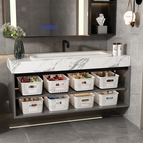 White Plastic Storage Baskets with Lids 12 Pack Stackable Storage Bins Containers for Shelves Organizing, Cute Decorative Storage Boxes for Classroom, Playroom, Closet, Pantry