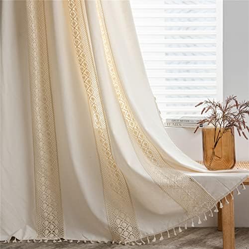 Sutuo Home Beige Boho Window Curtains for Living Room Bedroom 59" W x 84" L | Light Filtering Bohemian Vintage Chic Handmade Tassels Hollow,Window Treatment Rustic Farmhouse Drapes Rod Pocket,1 Panel