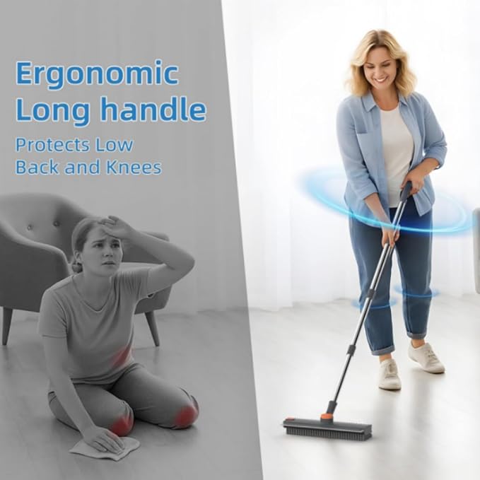 Floor Scrub V Brush with Long Handle, 4 in 1 Multi-Angle Swivel Right Angled Bristle Floor Scrubber Brush with Squeegee and Tweezer for Cleaning Tile Wall Deck Bathroom Patio Garage Kitchen