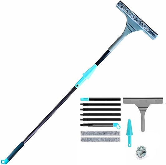 61" Window Squeegee with Long Extension Pole, 2-in-1 Streak-Free Glass Washer & Scrubber Kit with 2 Reusable Microfiber Pads & Clips, Professional Window Cleaning Tool for Home Outdoor High Windows