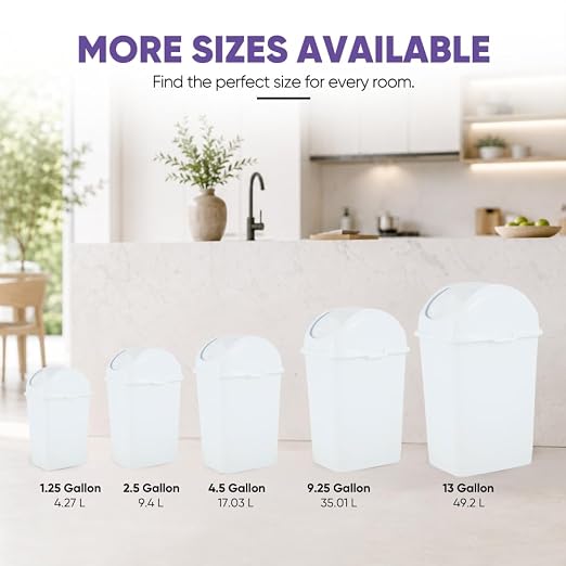 Superio Small 2.5 Gallon Plastic Trash Can with Swing Top Lid, Compact Slim Waste Bin for Under Desk, Office, Bedroom, Bathroom, Dorm Room, 10 Qt. Portable Garbage Can (White)