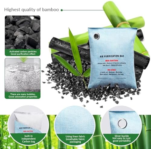 2 Bags Natural Air Purifying Bag | Bamboo Charcoal Odor Absorber for Home & Car | Closet Odor Eliminator, Small Room Deodorizer & Car Air Freshener | Charcoal Bags (200g light blue, Unscented)