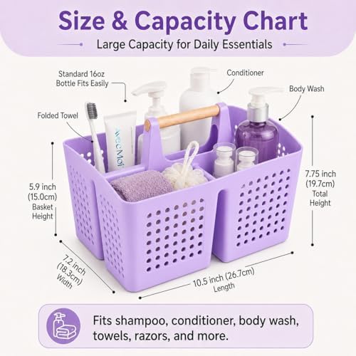 Portable Shower Caddy Basket with 3 Compartments and Handle, Purple | Plastic Divided Beauty Caddy Organizer for Hair Care, Cosmetics, Toiletries, Craft Supplies, Dorms and Vanities