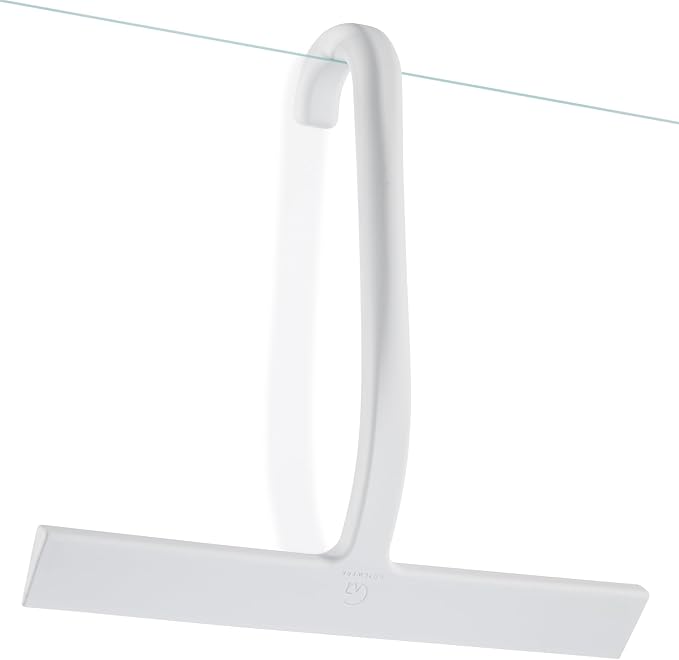 Shower Squeegee for Glass Doors, 10″ White with No-Drill J-Hook | Hang Anywhere Without Adhesive, Seamless One-Piece Silicone, Encased Steel Core, Streak-Free Shower Squeegee for Glass & Tile