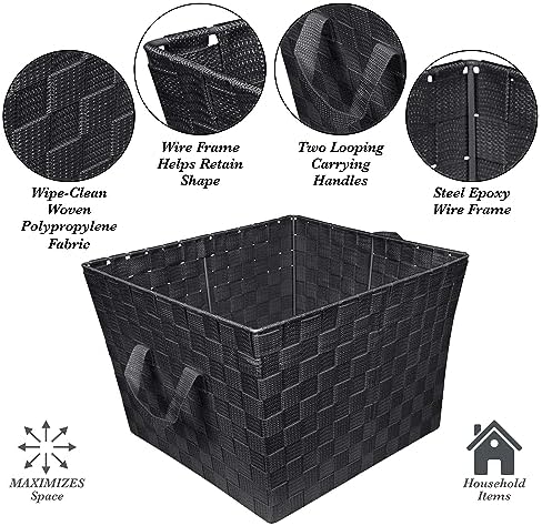 Simplify Large Woven Strap Tote | Decorative Storage Basket | 2 Handles | Organization | Closet | Bedroom | Bathroom | Nursery | Accessories | Toys | Gifts | 2 Pack | Black