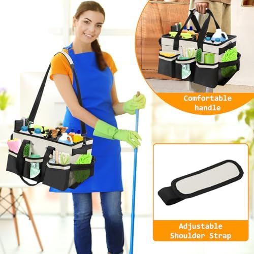 Cleaning Caddy Bag, Cleaning Supply Caddy, Cleaning Bags for Housekeepers, Under Sink & Car Cleaning Tool Organizers Bag with Handles and Shoulder Strap for Home, Craft, Car, Garden (White)