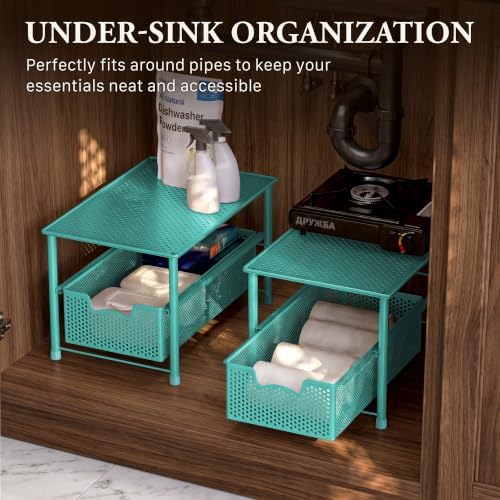 Simple Houseware Stackable Under Sink Sliding Basket Drawer, Turquoise | Perforated Free Standing Organizer, Kitchen/Pantry/Cabinet/Counter