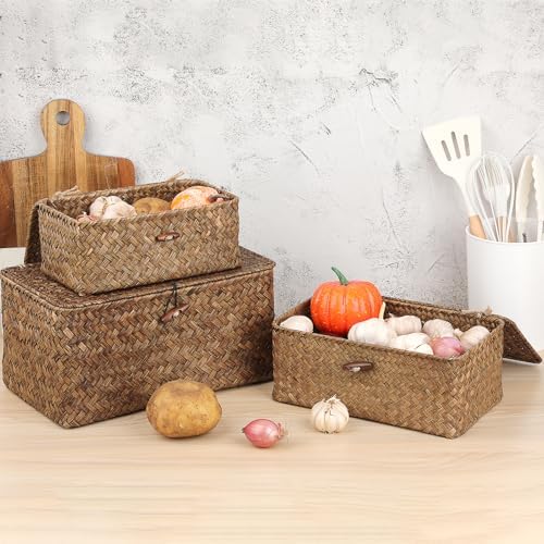 Sumnacon Wicker Basket with Lid,Tampon Holder for Bathroom,Coffee,Medium | Natural Seagrass Female Product Organizer for Toiletries Pad Tampon Storage,Farmhouse Woven Baskets for Shelf, Toilet Tank