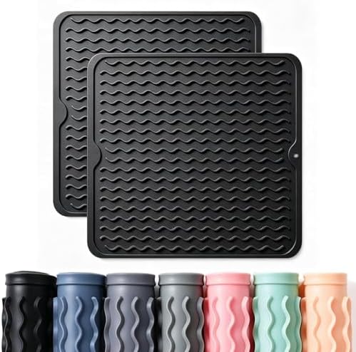 2 Pack Caketime Silicone Dish Drying Mat for Kitchen Counter Under Sink Protector Organizers Cooking Baking Espresso Machine Accessories Coffee Mats Appliance Stone Rack Trays Drain 12"x12" Black