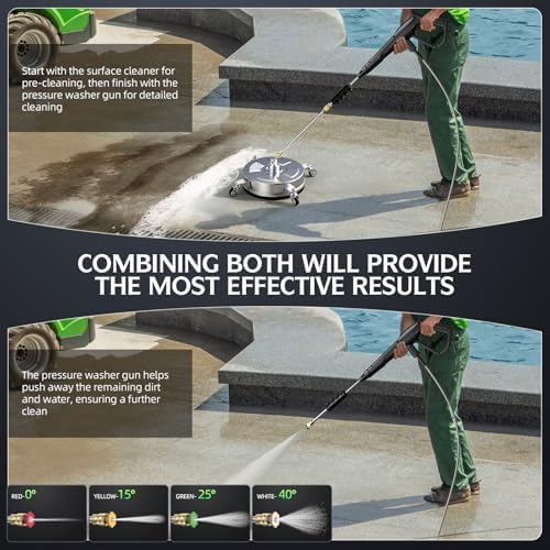 14" Pressure Washer Surface Cleaner 4500 PSI with 304 Stainless Steel | 1/4” Quick Plug, 4 Universal Wheels, 2 x 15" Extended Wands, 2 Replacement Nozzles, 4 Spray Nozzle Tips