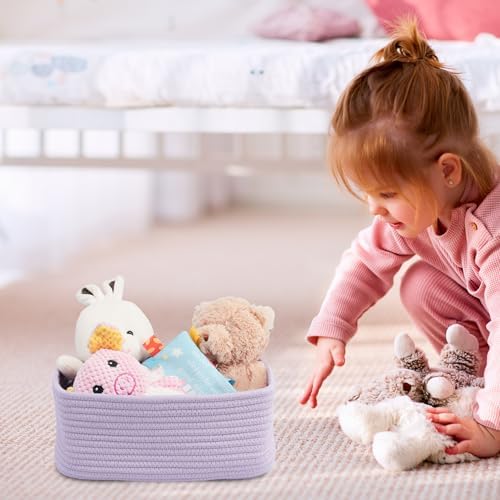 XUANGUO Small Woven Storage Baskets for Shelves, 12" x 8" x 5", Purple | Decorative rope storage bins for closets and toy storage; cute organizer baskets, empty gift baskets and nursery storage.