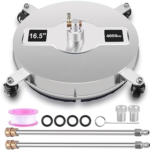 16.5''Pressure Washer Surface Cleaner, 4000 PSI Power Washer Surface Cleaner with 4 Wheels, Stainless Steel Housing Power Washer Accessories with 2 Replacement Nozzles for Concrete Driveway Cleaner