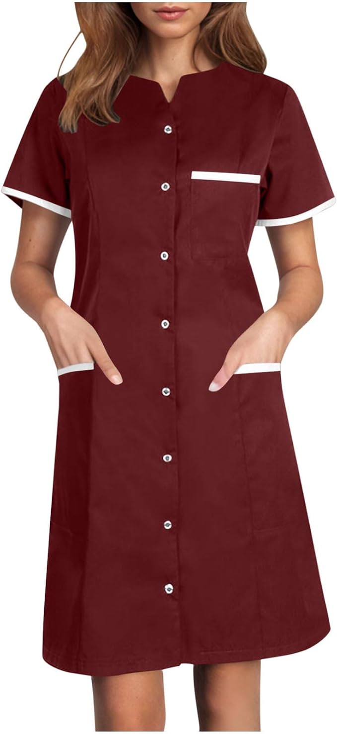 Scrubs Dress for Women - Button Front Nursing Workwear - Casual Housekeeping Dresses with Pockets