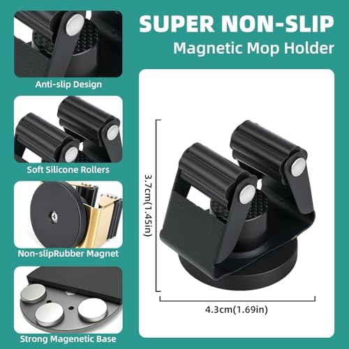4PCS Magnetic Broom Mop Holder Wall Mount,No Drill Tool Organizer With Anti-Slip Rollers for Garage Kitchen RV Home Laundry Workshop, Anti-Rust Clips No Damage Installation (Black 4pcs)