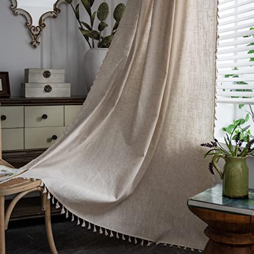 Sutuo Home Boho Linen Curtains for Bedroom Kitchen 59" W x 72" L,1 Panel | Light Filtering Natural Linen Look Textured Burlap Chic Bohemian Handmade Tassels Window Treatment for Living Room Rod Pocket
