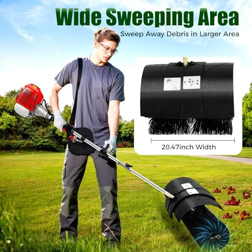 2-Stroke Gas Handheld Sweeper, 52CC 2.3HP Snow Sweeping Broom Walk Behind Sweeper Driveway Turf Lawns Artificial Grass Power Brush Lawn Sweeper Cleaner Tools for Leaves Debris Cleaning