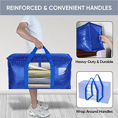 BALEINE 2-Pack Oversized Moving Bags with Reinforced Handles, Heavy-Duty Storage Tote Moving Supplies for Packaging, Camping (Blue w/Window, 2-Pack)