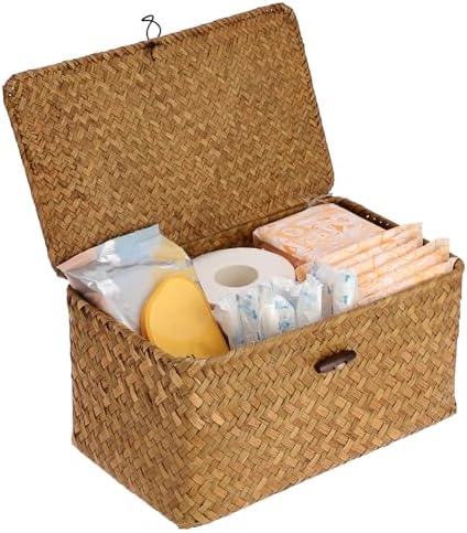 Sumnacon Wicker Basket with Lid,Tampon Holder for Bathroom,Caramel,Medium | Natural Seagrass Female Product Organizer for Toiletries Pad Tampon Storage,Farmhouse Woven Baskets for Shelf, Toilet Tank