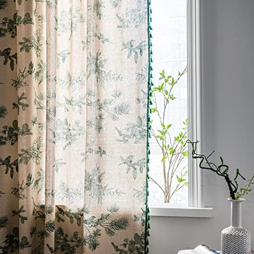 Sutuo Home Boho Curtain 84 Inches Length for Bedroom, Printed Cotton Linen Rod Pocket Semi Blackout Farmhouse Bohemian Tassels Window Treatment for Living Room, 1 Panel 59" W x 84" L, Green Forest